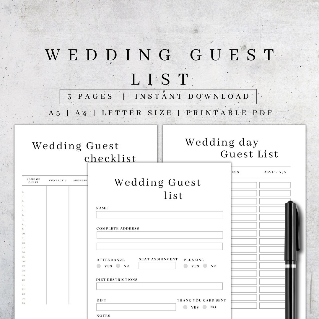 Wedding Guest List Printable Digital Guest Book Pages Wedding Organizer