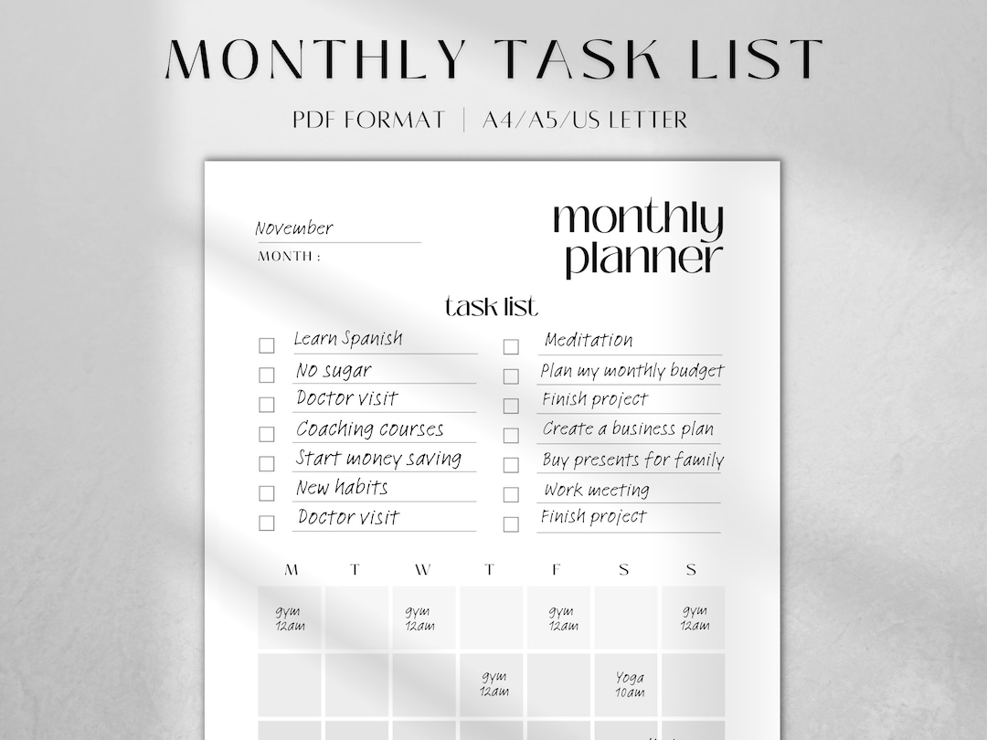 Printable Monthly Task Tracker | Undated Monthly Calendar Pdf | Monthly ...