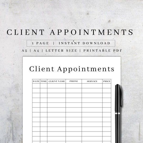 Client Appointments Page Printable | Small Business Tools | Client Record Book | Business Organizer | Etsy Seller Journal PDF A5/A4/Letter