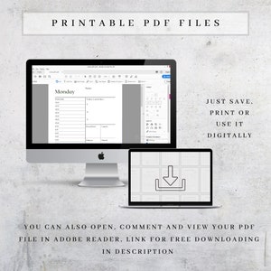 K&ouml;nnte beinhalten: Ein Desktop-Computer und ein Laptop zeigen eine druckbare PDF-Datei. Das PDF ist ein Tagesplaner mit Zeitplan- und Notizbereichen. Der Text auf dem Bild lautet "Druckbare PDF-Dateien" und "Einfach speichern, drucken oder digital verwenden."