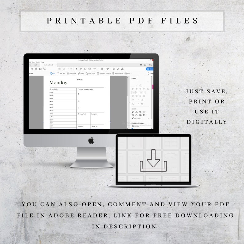 K&ouml;nnte beinhalten: Ein Desktop-Computer und ein Laptop zeigen eine druckbare PDF-Datei. Das PDF ist ein Tagesplaner mit Zeitplan- und Notizbereichen. Der Text auf dem Bild lautet "Druckbare PDF-Dateien" und "Einfach speichern, drucken oder digital verwenden."