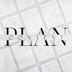 May include: A collection of white paper sheets with various business planning forms, including "Order Form," "Project Budget," and "Starting business check list." The text "DIAT CONTENT PLAN" is overlaid in a bold, elegant font.
