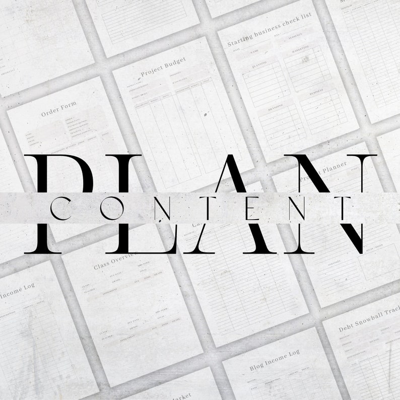 May include: A collection of white paper sheets with various business planning forms, including "Order Form," "Project Budget," and "Starting business check list." The text "DIAT CONTENT PLAN" is overlaid in a bold, elegant font.