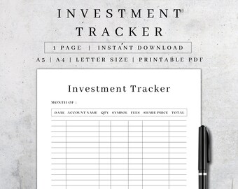 Investment Portfolio Tracker Printable | Stock, Crypto, Financial Planner (PDF A5 A4 Letter Sizes)