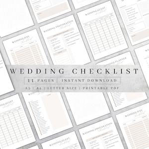 Pode incluir: Uma lista de verificação de casamento imprimível com 11 páginas em tamanho A5, A4 e carta. A lista de verificação inclui seções para o dia do casamento, a preparação do casamento e os convidados do casamento.