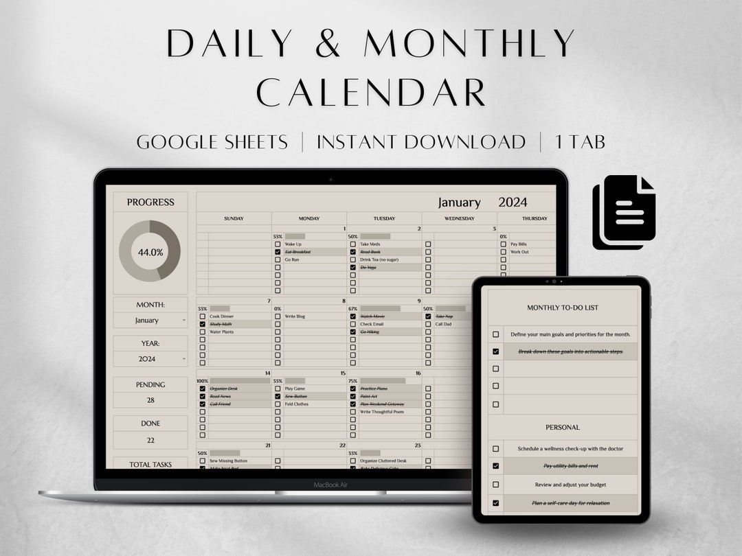 Digital Daily Monthly Calendar Template Productivity Tracker Daily