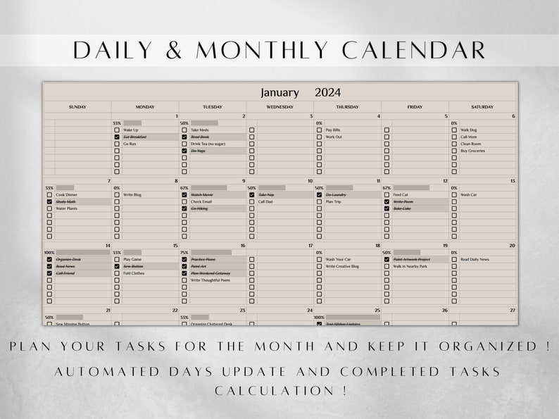 Digital Daily Monthly Calendar Template | Productivity Tracker | Daily ...