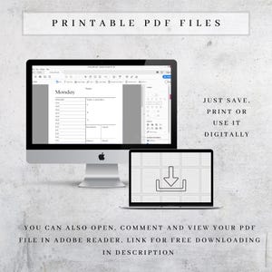 Op de afbeelding: Een desktopcomputer en een laptop tonen een afdrukbare PDF-planner. Het computerscherm toont een dagelijkse planning sjabloon. Tekst op de afbeelding luidt "PRINTABLE PDF FILES" en "JUST SAVE, PRINT OR USE IT DIGITALLY."
