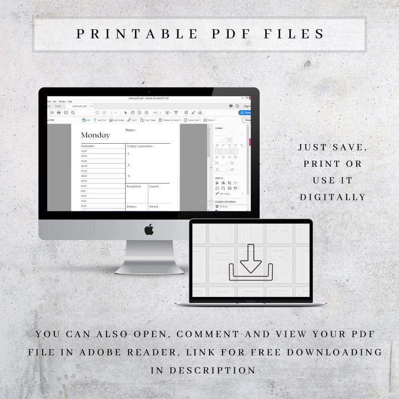 Op de afbeelding: Een desktopcomputer en een laptop tonen een afdrukbare PDF-planner. Het computerscherm toont een dagelijkse planning sjabloon. Tekst op de afbeelding luidt "PRINTABLE PDF FILES" en "JUST SAVE, PRINT OR USE IT DIGITALLY."