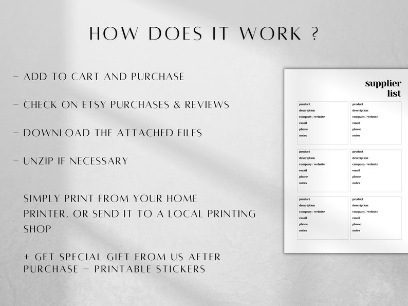 May include: A printable supplier list template with instructions on how to use it. The template has six boxes with headings for product, description, company/website, email, phone, and notes.