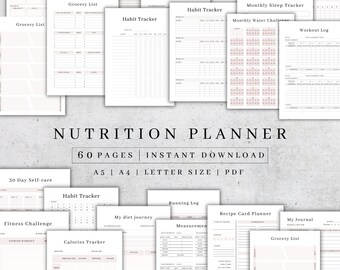 Daily Nutrition Planner Printable | Food Diary Fitness Menu Meal Prep | Grocery List PDF A4