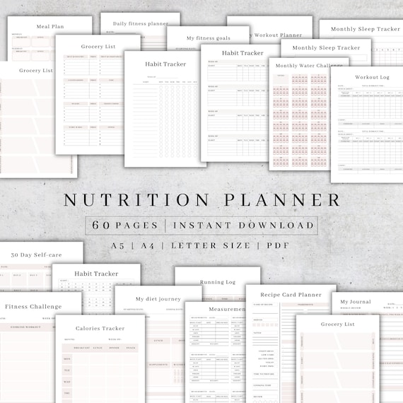 Nutrition Planner Printable | Daily Food Diary Bundle | Digital Food Journal | Meal Planner | Fitness Menu Template | Grocery List Pdf A4 A5