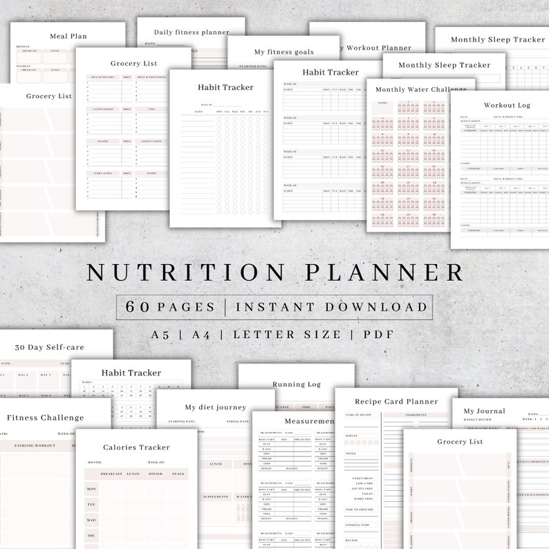 Puede incluir: Un planificador de nutrici&oacute;n imprimible de 60 p&aacute;ginas, que incluye planes de comidas, listas de la compra, rastreadores de h&aacute;bitos, registros de entrenamiento, rastreadores de sue&ntilde;o y mucho m&aacute;s. El planificador est&aacute; disponible en tama&ntilde;os A5, A4 y carta.