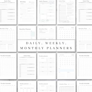 K&ouml;nnte beinhalten: Eine Sammlung druckbarer Tages-, Wochen- und Monatsplaner. Die Planer haben ein minimalistisches Design mit wei&szlig;em Hintergrund und grauem Text. Der Text "DAILY, WEEKLY, MONTHLY PLANNERS" wird in der Mitte des Bildes angezeigt.