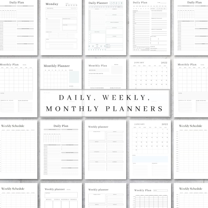 K&ouml;nnte beinhalten: Eine Sammlung druckbarer Tages-, Wochen- und Monatsplaner. Die Planer haben ein minimalistisches Design mit wei&szlig;em Hintergrund und grauem Text. Der Text "DAILY, WEEKLY, MONTHLY PLANNERS" wird in der Mitte des Bildes angezeigt.