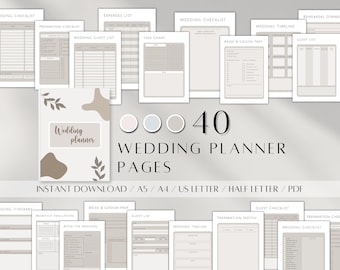 May include: A printable wedding planner with 40 pages. The cover features a brown and beige abstract design with leaves. The pages are organized into sections for checklists, timelines, budgets, and more.