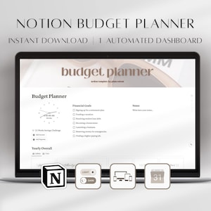 Pode incluir: Um laptop exibe um modelo de planejador de or&ccedil;amento Notion. A tela mostra uma interface de planejador de or&ccedil;amento com se&ccedil;&otilde;es para metas financeiras e notas. O texto "NOTION BUDGET PLANNER" e "INSTANT DOWNLOAD | 1 AUTOMATED DASHBOARD" est&atilde;o no topo.