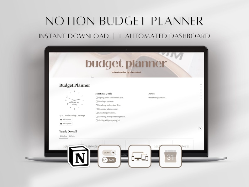 Pode incluir: Um laptop exibe um modelo de planejador de or&ccedil;amento Notion. A tela mostra uma interface de planejador de or&ccedil;amento com se&ccedil;&otilde;es para metas financeiras e notas. O texto "NOTION BUDGET PLANNER" e "INSTANT DOWNLOAD | 1 AUTOMATED DASHBOARD" est&atilde;o no topo.