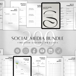 May include: A digital social media planner bundle featuring multiple white printable pages with black text, including sections for sponsorships, giveaways, hashtags, and follower tracking, plus a tablet displaying a social media planner cover.