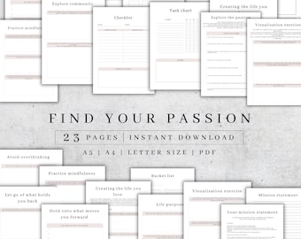 Può includere: Un quaderno di lavoro PDF stampabile con 23 pagine per aiutarti a trovare la tua passione. Il quaderno di lavoro include suggerimenti ed esercizi per aiutarti a esplorare i tuoi interessi, creare un tableau de vision e stabilire obiettivi. Il quaderno di lavoro è disponibile nei formati A5 e A4.