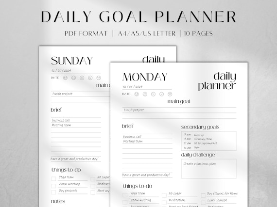 Daily Goal Planner | Printable PDF, A4/A5/Letter Sizes