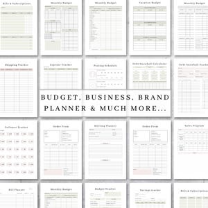 Op de afbeelding: Een verzameling afdrukbare plannerpagina's, waaronder budgettrackers, onkostentrackers en publicatieschema's. De tekst "BUDGET, BUSINESS, BRAND PLANNER & MUCH MORE..." wordt weergegeven. De pagina's zijn in tinten wit, beige en lichtroze.