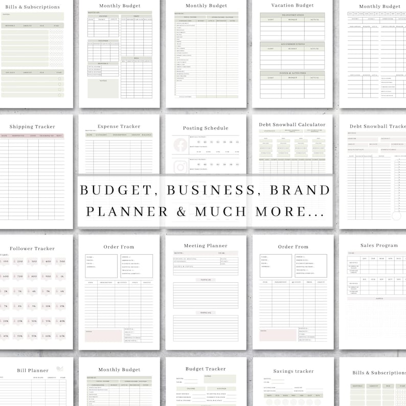 Op de afbeelding: Een verzameling afdrukbare plannerpagina's, waaronder budgettrackers, onkostentrackers en publicatieschema's. De tekst "BUDGET, BUSINESS, BRAND PLANNER & MUCH MORE..." wordt weergegeven. De pagina's zijn in tinten wit, beige en lichtroze.