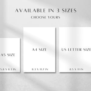 May include: Three white rectangular paper sheets displayed side by side with black text. The top reads AVAILABLE IN 3 SIZES CHOOSE YOURS. The sheets are labeled A5 SIZE 5.8 X 8.3 IN, A4 SIZE 8.3 X 11.7 IN, and US LETTER SIZE 8.5 X 11 IN.