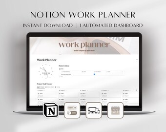 May include: A laptop screen displaying a Notion work planner template with a clock, notes section, and project task tracker. The template is designed in a minimalist style with a beige and white color scheme. The text "work planner" is displayed in a large font at the top of the screen. The image also includes icons for Notion, light/dark mode, desktop and mobile versions, and a calendar.