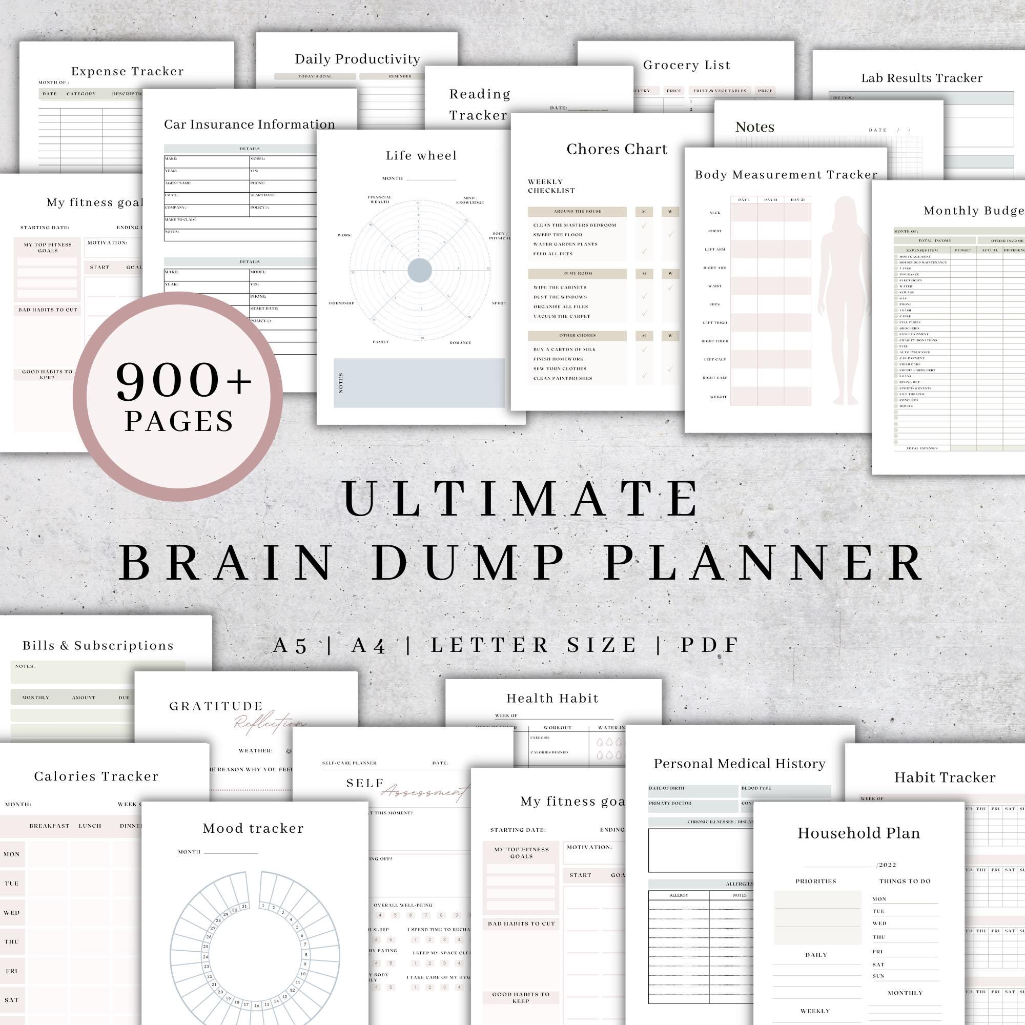 Brain Dump Planner Bundle ADHD Adult Tracker Digital Productivity Journal Self-Care Workbook
