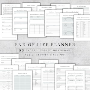 以下が含まれることがあります： 95ページの「エンディングプランナー」で、すぐにダウンロードできます。最終的な希望、病歴、保険などのセクションが含まれています。サイズはA5、A4、レターサイズでPDF形式です。