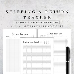 May include: Printable black and white shipping and return tracker forms. The forms include sections for date, order number, customer, quantity, tracking number, shipping date, and delivered. The forms are labelled "Shipping Tracker", "Order Tracker", and "Return Tracker".