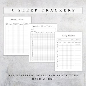 K&ouml;nnte beinhalten: Drei Schlaftracker auf wei&szlig;em Hintergrund. Die Tracker haben Felder zur Aufzeichnung von Datum, Schlafstunden und Energielevel. Der Text "3 Sleep Trackers" und "Setzen Sie sich realistische Ziele und verfolgen Sie Ihre harte Arbeit!" sind ebenfalls sichtbar.