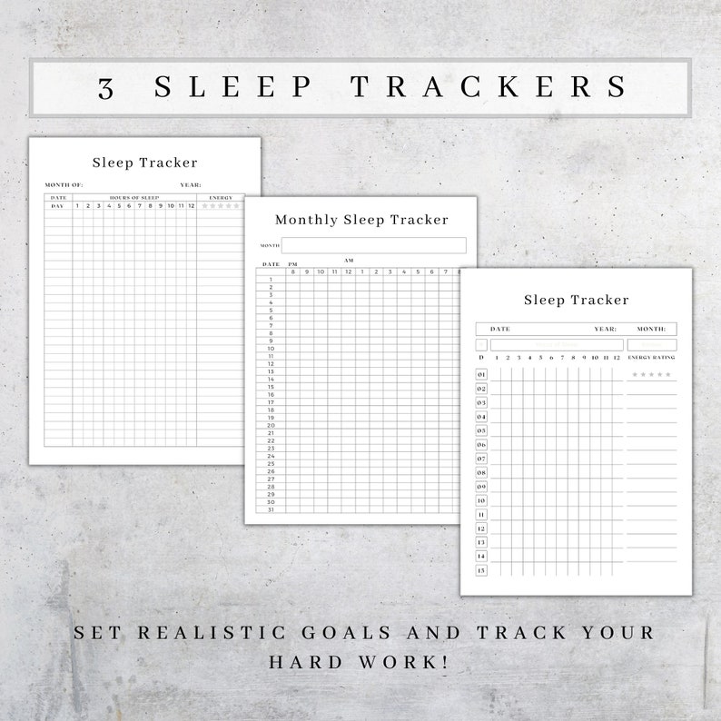 K&ouml;nnte beinhalten: Drei Schlaftracker auf wei&szlig;em Hintergrund. Die Tracker haben Felder zur Aufzeichnung von Datum, Schlafstunden und Energielevel. Der Text "3 Sleep Trackers" und "Setzen Sie sich realistische Ziele und verfolgen Sie Ihre harte Arbeit!" sind ebenfalls sichtbar.