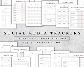 May include: A set of 18 printable social media tracker templates in PDF format. The templates are designed for use with Instagram, Pinterest, YouTube, Twitter, Facebook, and blogs. The templates include trackers for followers, engagement, income, keywords, hashtags, and more.