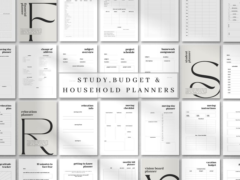 May include: A collection of printable planner pages featuring black text on white backgrounds. The central text reads STUDY, BUDGET & HOUSEHOLD PLANNERS. Individual sheets include headers like financial planner, change of address, project schedule, and moving checklist.