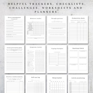 May include: A printable set of black and white worksheets and trackers for stress management, behavior tracking, thought patterns, productivity, crisis prevention, symptoms, coping strategies, emotional check, positive reinforcement, self-care, sleep, and activity monitoring.