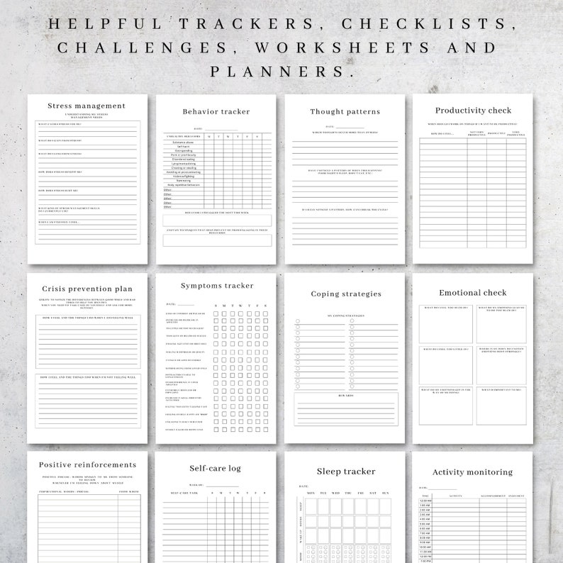 May include: A printable set of black and white worksheets and trackers for stress management, behavior tracking, thought patterns, productivity, crisis prevention, symptoms, coping strategies, emotional check, positive reinforcement, self-care, sleep, and activity monitoring.