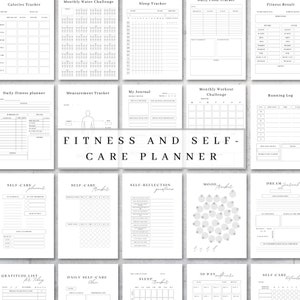 May include: A printable planner with black text on a white background. The planner includes pages for tracking calories, water intake, sleep, fitness results, daily fitness, measurements, a journal, monthly workouts, running logs, self-care, mood, and dreams. The planner is titled "Fitness and Self-Care Planner".