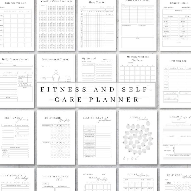 May include: A printable planner with black text on a white background. The planner includes pages for tracking calories, water intake, sleep, fitness results, daily fitness, measurements, a journal, monthly workouts, running logs, self-care, mood, and dreams. The planner is titled "Fitness and Self-Care Planner".