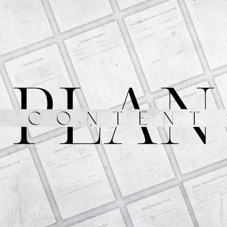K&ouml;nnte beinhalten: Eine Ansammlung wei&szlig;er Papierb&ouml;gen mit verschiedenen Formularen zur Gesch&auml;ftsplanung, darunter ein Projektbudget und ein Bestellformular. Der Text "DIAT CONTENT PLAN" ist auf dem Bild &uuml;berlagert.