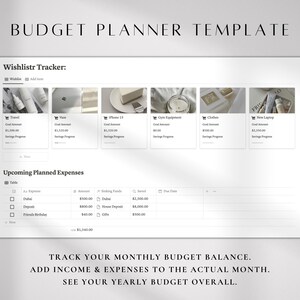 K&ouml;nnte beinhalten: Digitale Budgetplaner-Vorlage mit wei&szlig;em Hintergrund. Die Vorlage enth&auml;lt Abschnitte f&uuml;r einen Wunschlisten-Tracker und anstehende geplante Ausgaben. Der Text auf dem Bild lautet "BUDGET PLANNER TEMPLATE" und Anweisungen zur Nachverfolgung der Ausgaben.