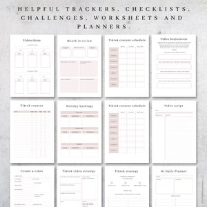 May include: A set of printable planner pages featuring headings such as "Video Ideas," "Month in Review," and "TikTok Content Schedule." The pages are in a soft pink and white colour scheme, designed for tracking and organising various tasks and projects. The text "HELPFUL TRACKERS, CHECKLISTS, CHALLENGES, WORKSHEETS AND PLANNERS" is at the top.