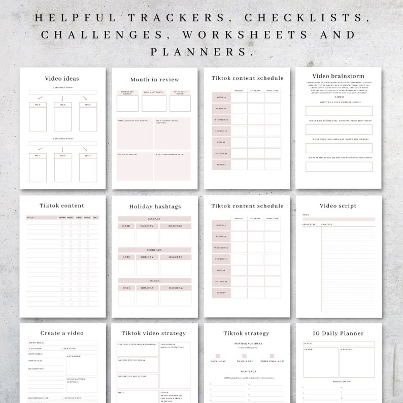 May include: A set of printable planner pages featuring headings such as "Video Ideas," "Month in Review," and "TikTok Content Schedule." The pages are in a soft pink and white colour scheme, designed for tracking and organising various tasks and projects. The text "HELPFUL TRACKERS, CHECKLISTS, CHALLENGES, WORKSHEETS AND PLANNERS" is at the top.