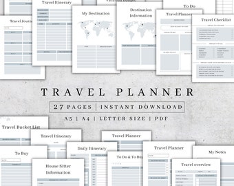 Könnte beinhalten: Ein druckbarer Reiseplaner mit 27 Seiten, einschließlich Abschnitten für eine Reiseroute, eine Packliste, eine Einkaufsliste, ein Urlaubsbudget, Reiseinformationen, eine To-Do-Liste, eine Reisecheckliste, eine Reise-Bucket-Liste, einen Tagesablauf, Informationen zum Haus-Sitter, zum Kauf und einen Reiseüberblick. Der Planer ist in einem Grau- und Weißfarbschema mit einer Weltkartengrafik gehalten.