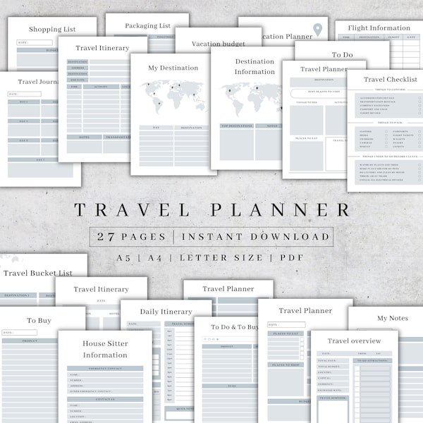 Printable Travel Planner| Trip Planner| Travel Vacation Planner| Travel Journal| Travel Planner Download| Digital Holiday Planner| A4 A5 PDF