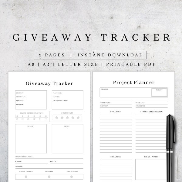 Printable Giveaway Tracker | Influencer Planner Digital | Business Planner PDF | Giveaway Tracking Sheet| Business Giveaway Log A5/A4/Letter