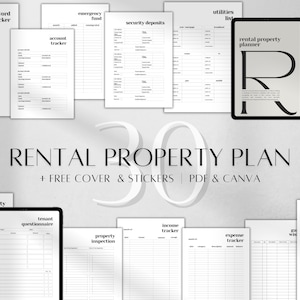 May include: A black and white printable planner for rental property management. The planner includes sections for password tracker, account tracker, emergency fund, security deposits, utilities list, rental property planner, insurance details, property, tenant questionnaire, property inspection, income tracker, expense tracker, and wish list.