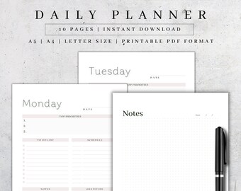 Printable Daily Planner | Productivity Page Inserts | Notes To-Do List PDF A4 A5 Letter