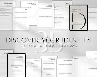 Może przedstawiać: Cyfrowy planer w czarno-białym designie z tekstem "Discover Your Identity" i "Free Cover & Stickers | PDF & Canva". Planer zawiera strony do prowadzenia dziennika, wyznaczania celów i refleksji.
